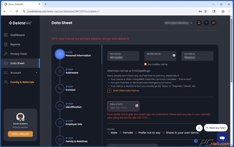 DeleteMe Data Sheet Setup