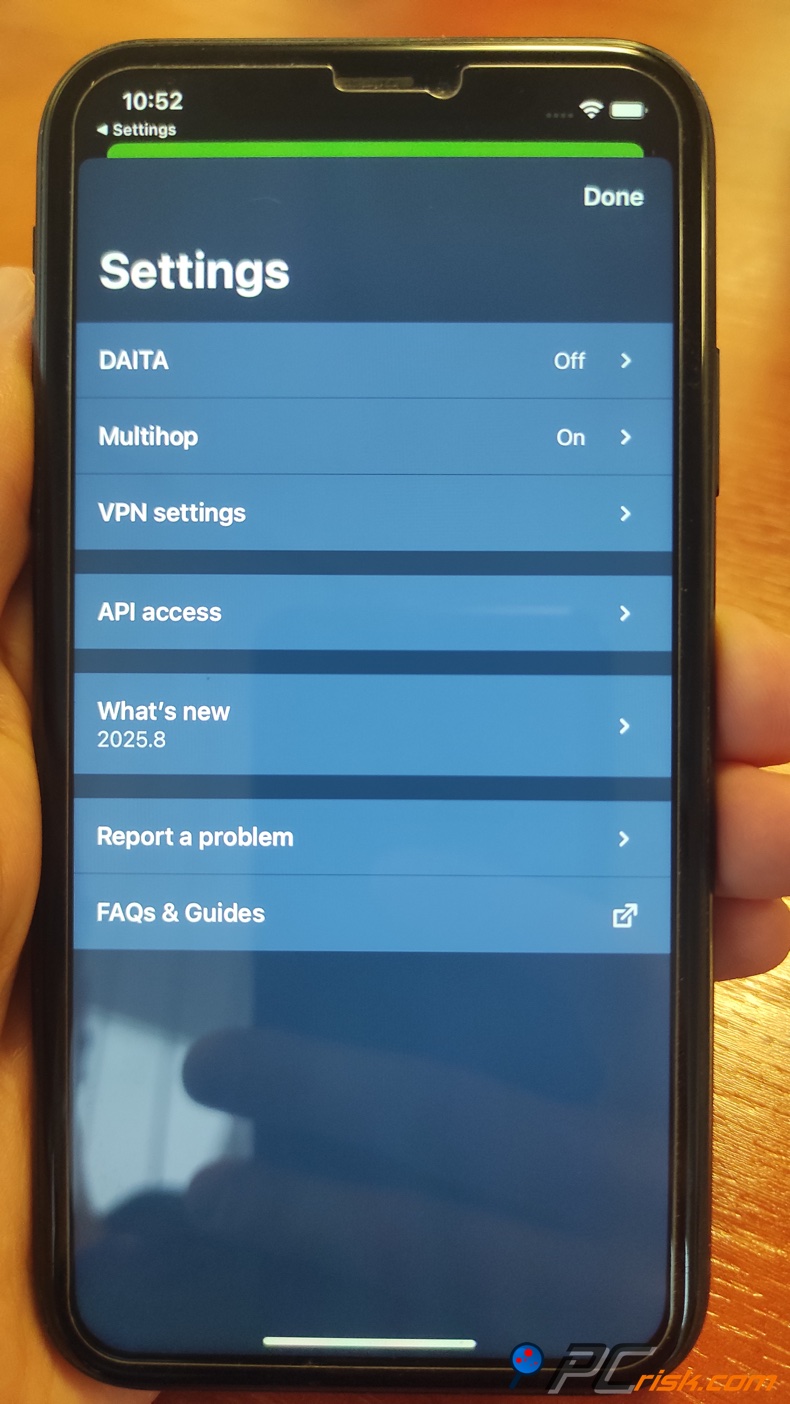 Mullivad for iOS Settings menu
