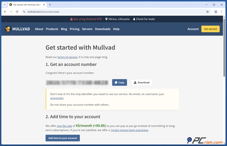 Mullivad account creation