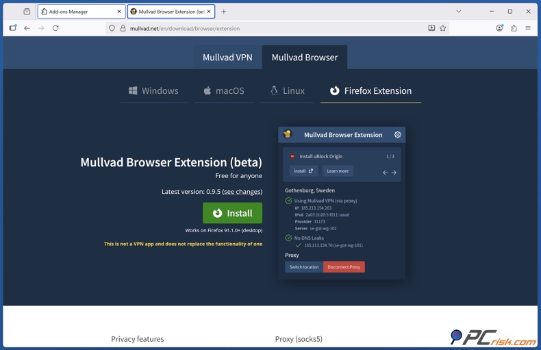 Mullivad Firefox browser extension