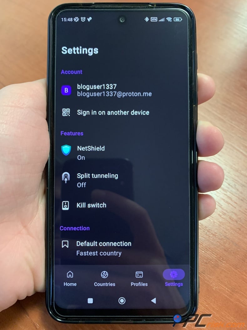 Proton VPN app for Android settings menu