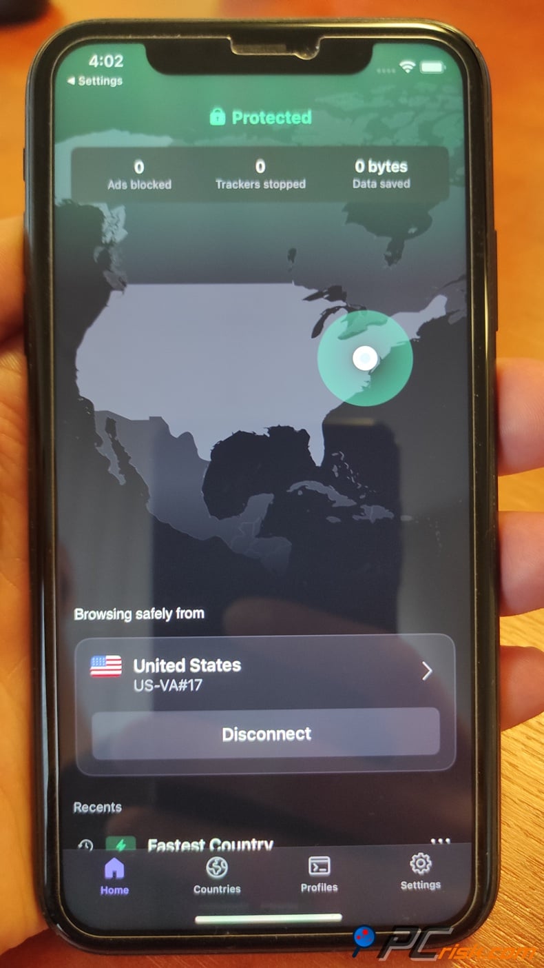 Proton VPN app for iOS dashboard