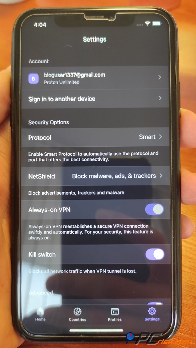 Proton VPN for iOS settings menu