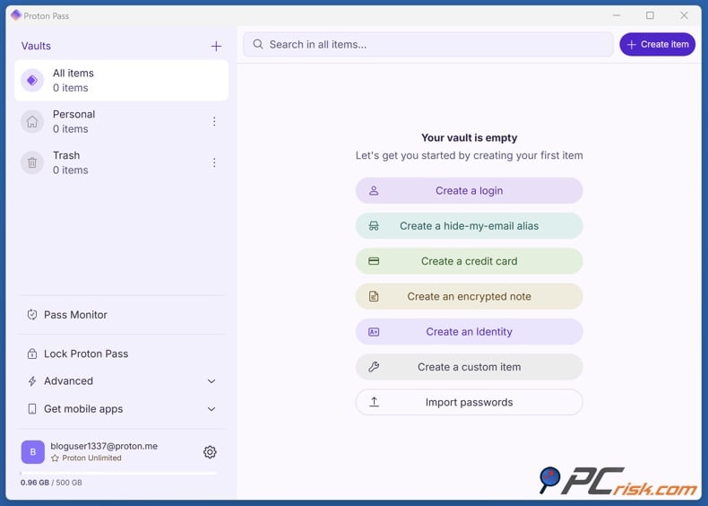 Proton Pass dashboard