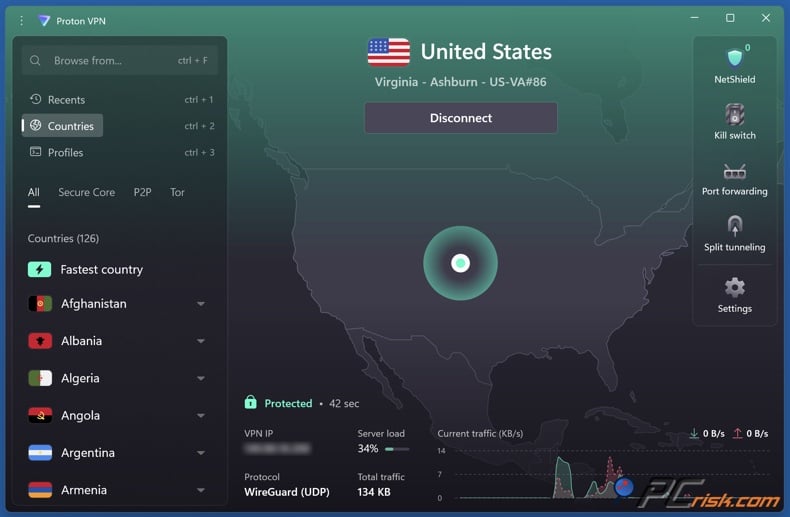 Proton VPN dashboard