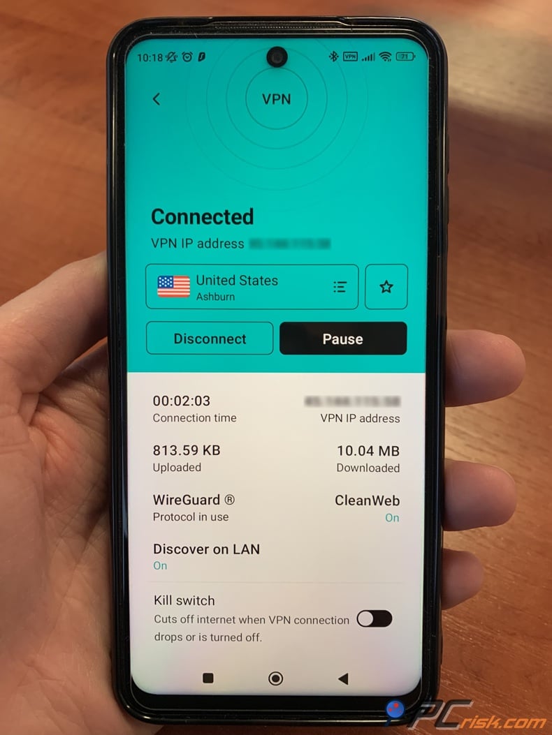 Surfshark for Android dashboard