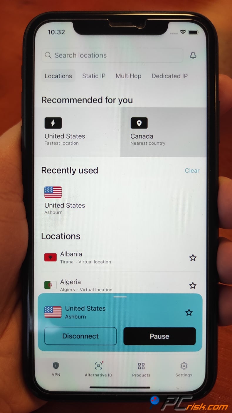 Surfshark for iOS dashboard
