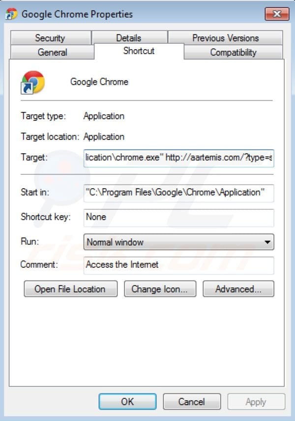 Aartemis removal from Google Chrome shortcut target
