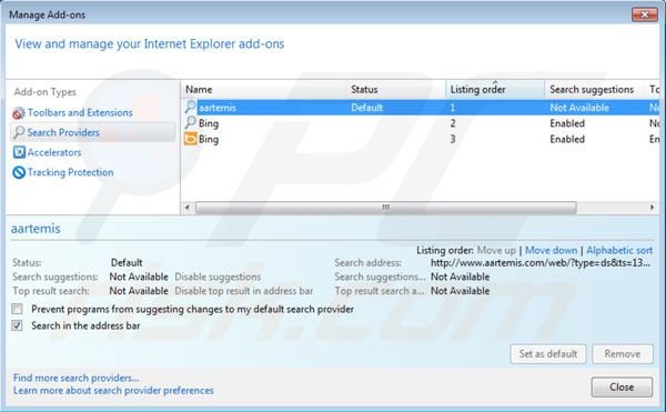 Removing Aartemis from Internet Explorer default search engine settings