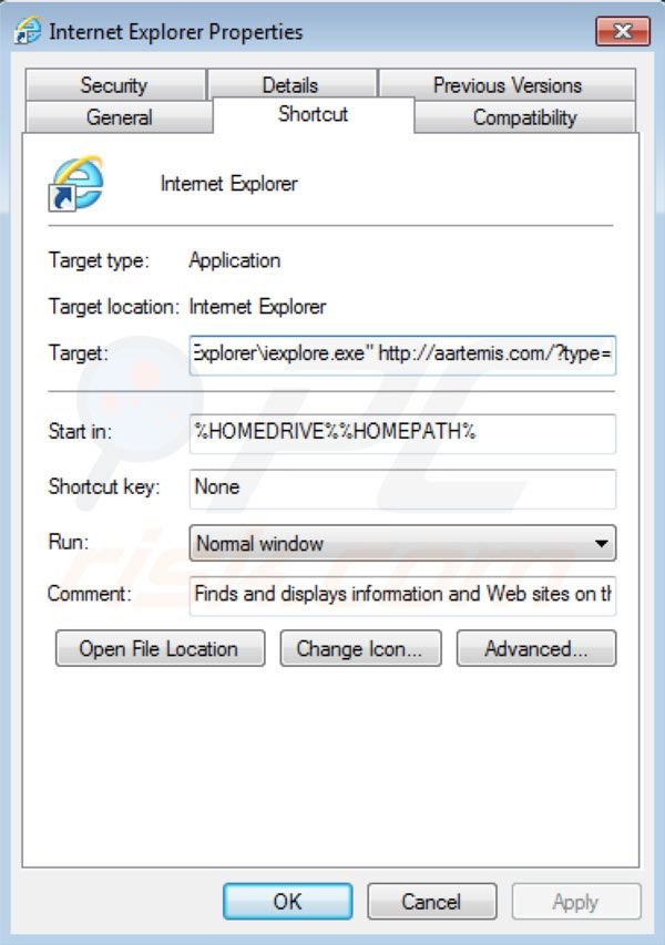 Aartemis virus removal from Internet Explorer shortcut target