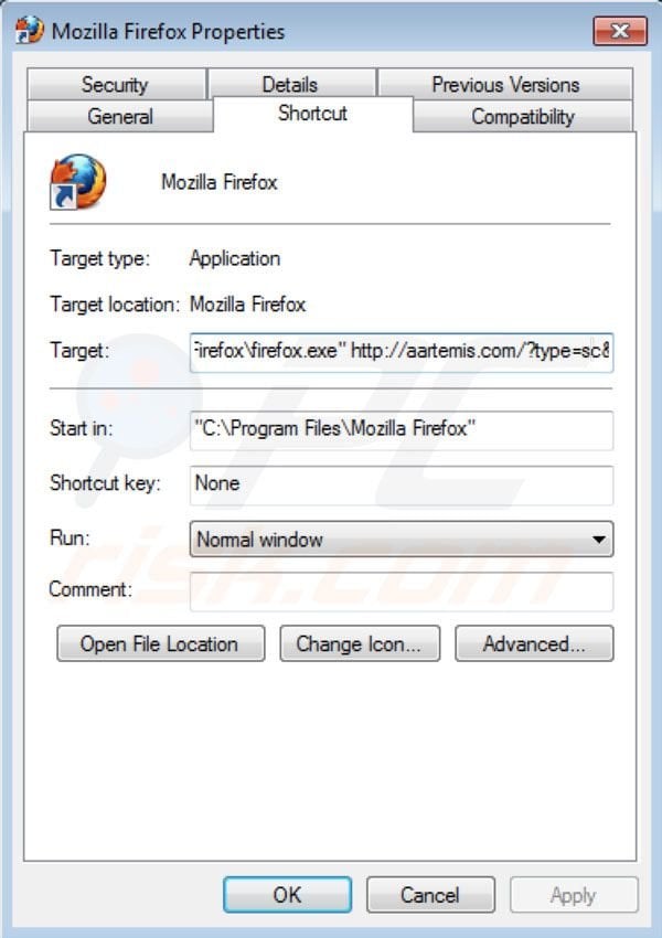 Removing Aartemis from Mozilla Firefox shortcut target