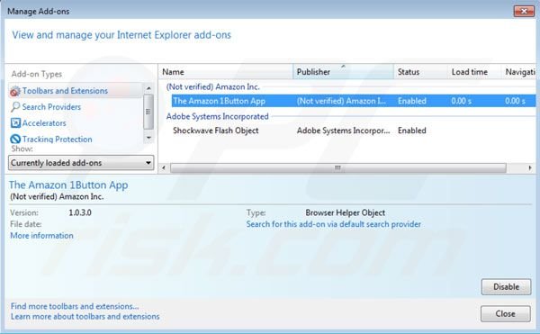 Amazon smart search toolbar removal from Internet Explorer extensions