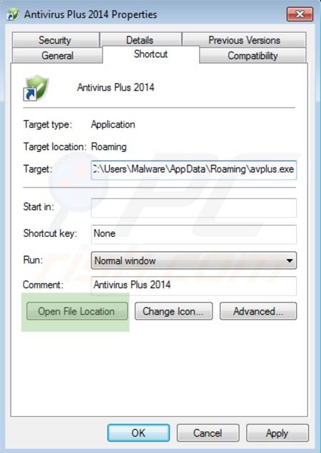 Antivirus Plus 2014 icon properties