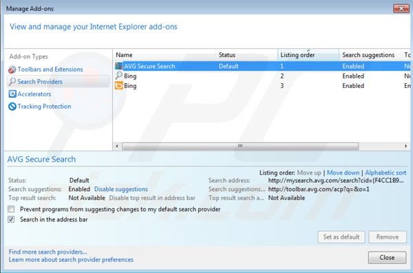 Removing AVG search from default search settings in Intenret Explorer