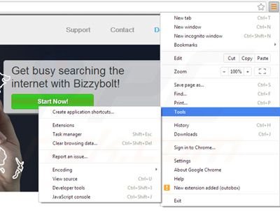 Removing Bizzybolt from Google Chrome step 1
