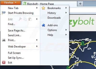Removing Bizzybolt from Mozilla Firefox extensions step 1