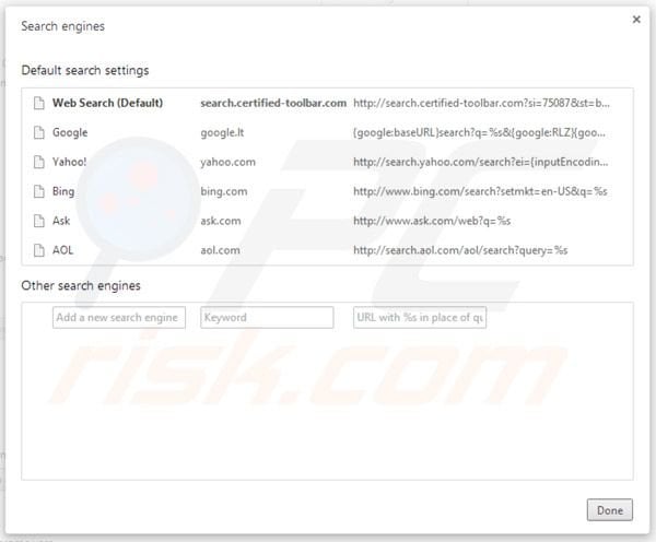 Removing Certified toolbar search from Google Chrome default search engine settings