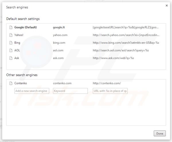 Removing contenko.com from Google Chrome default search engine settings