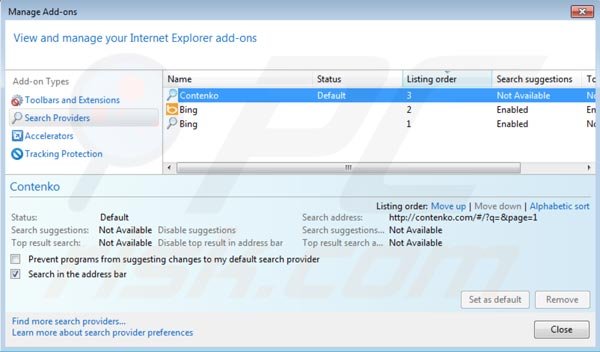 Removing contenko.com from Internet Explorer default search