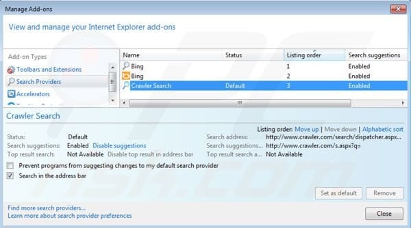 Removing crawler.com from Internet Explorer default search engine settings