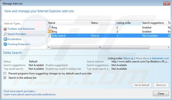 Delta Search default search engine in Intenret Explorer