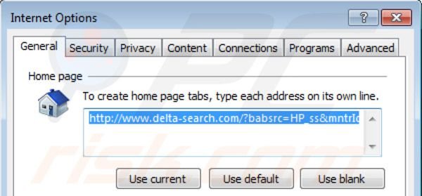 Delta Search homepage in Internet Explorer