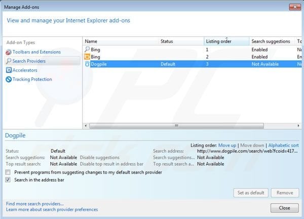 Dogpile removal from Internet Explorer default search engine settings