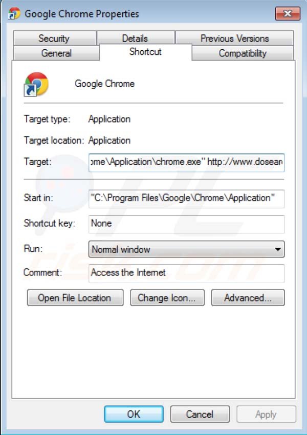 Dosearches removal from Google Chrome shortcut target