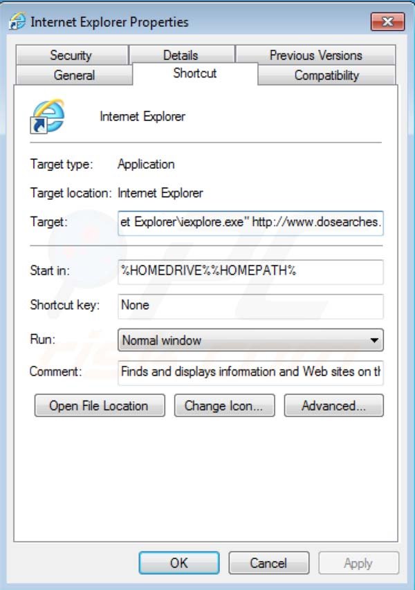 Dosearches removal from Intenret Explorer shortcut target