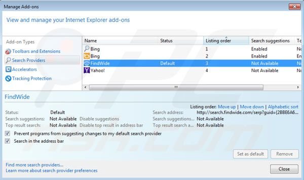 Removing search.findwide.com from Internet Explorer default search engine settings