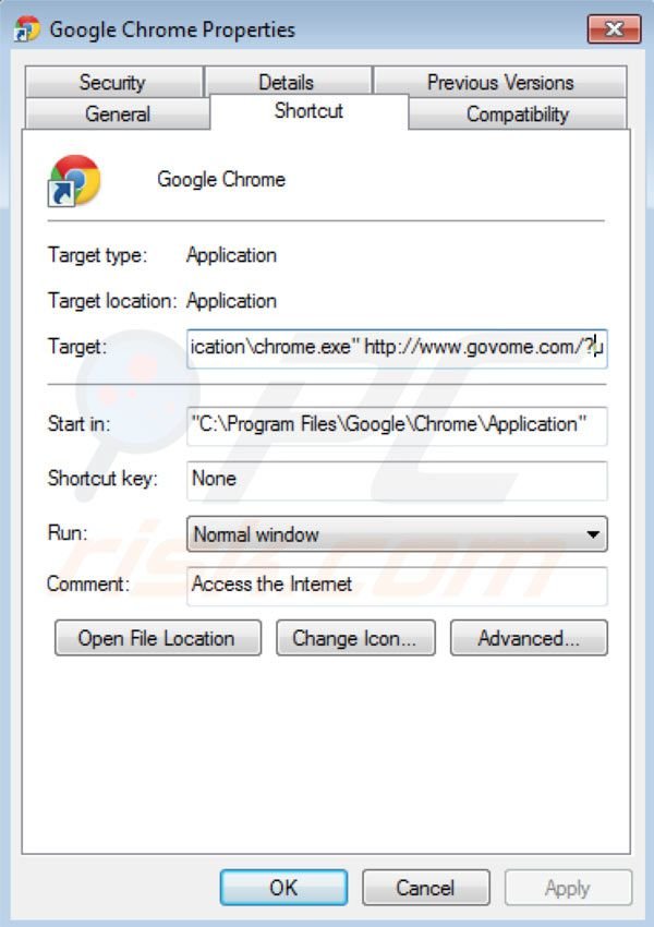 Removing Govome from Google Chrome shortcut target