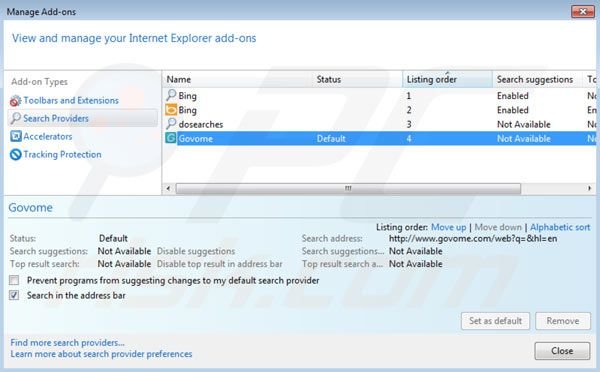 Removing Govome from Internet Explorer default search engine settings