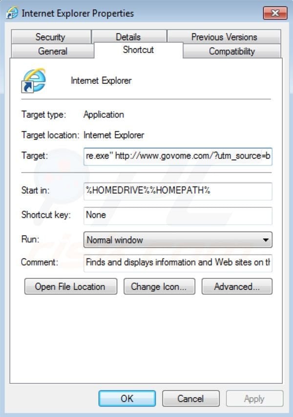 Govome removal from Intenret Explorer shortcut target