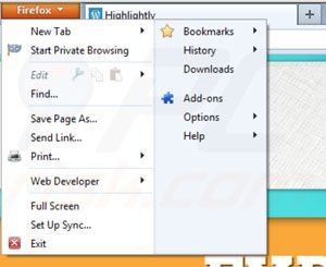 Removing Highlightly from Mozilla Firefox extensions step 1