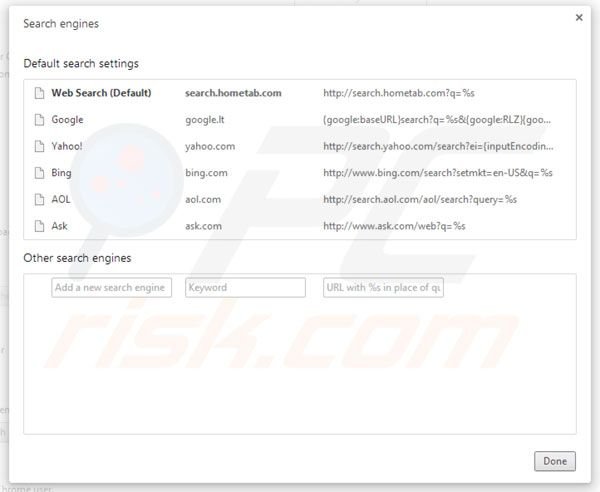 Hometab removal from Google Chrome default search engine settings