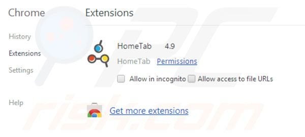 Hometab removal from Google Chrome extensions step 2