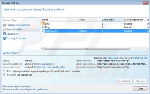 Hometab removal from Internet Explorer default search engine settings