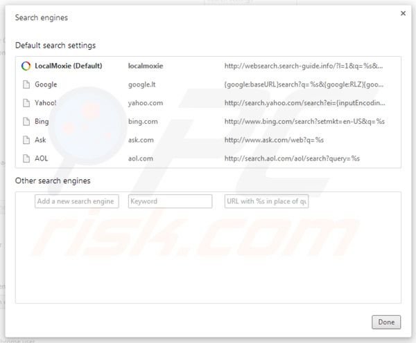 Localmoxie remova from Google Chrome default search engine settings