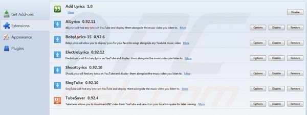 Lyrics virus removal from Mozilla Firefox step 2