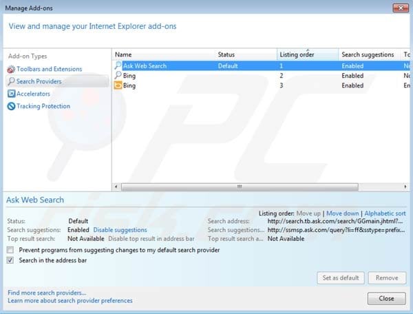 Mindspark toolbar removal from Intenret Explorer default search engine settings