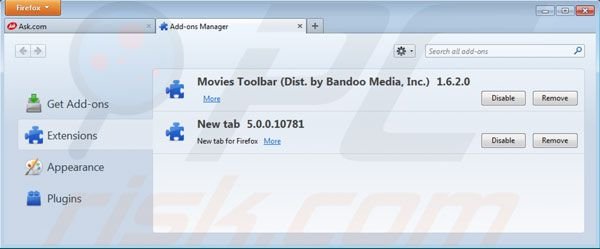 Removing Movies toolbar from Mozilla Firefox extensions