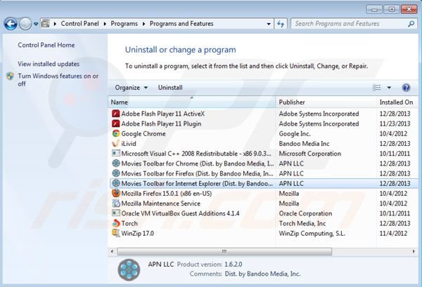 Movies toolbar uninstall from Control Panel