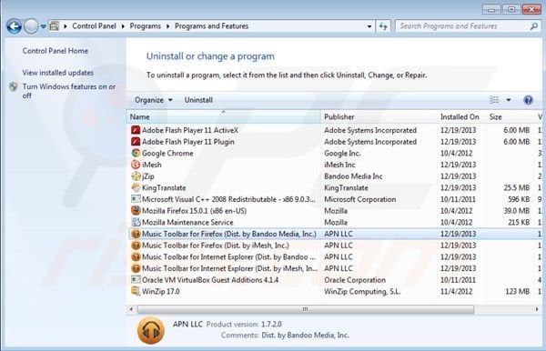 Music toolbar uninstall from Control Panel