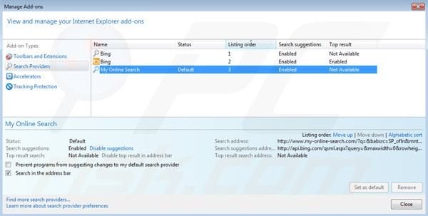 Removing My-online-search.com from Internet Explorer default search engine settings