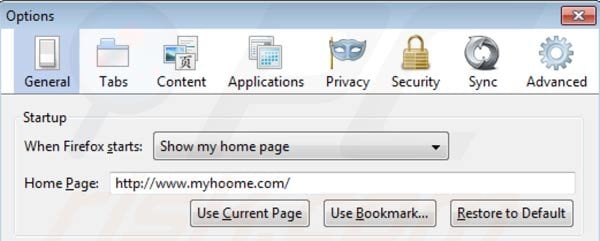Removing myhoome.com homepage from Mozilla Firefox step 2