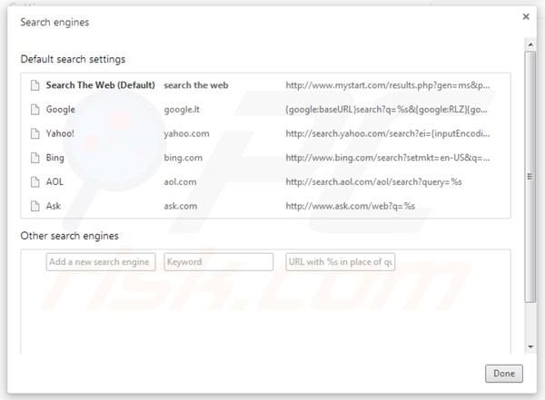 Removing mystart.com from Google Chrome default search engine