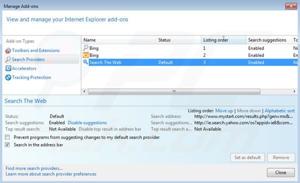 Removing mystart.com from Internet Explorer default search engine