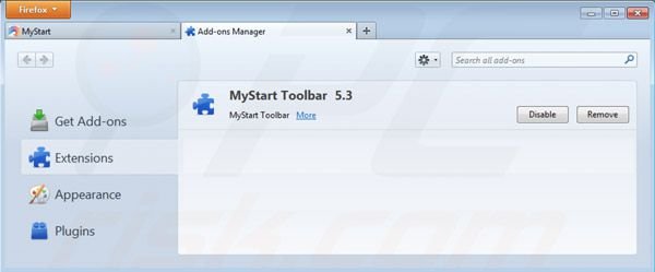 Removing mystart.com from Mozilla Firefox extensions
