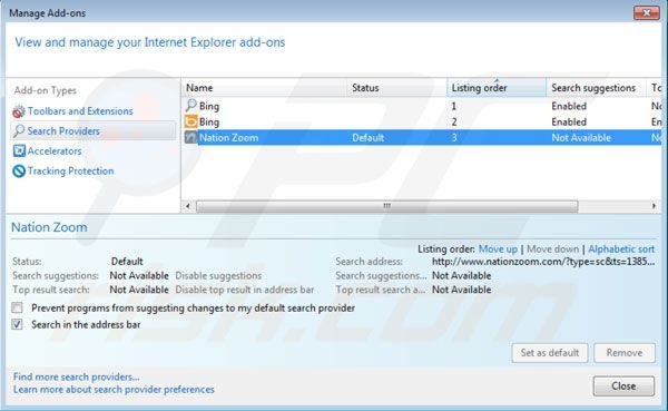 Removing nationzoom.com from Internet Explorer default search engine settings