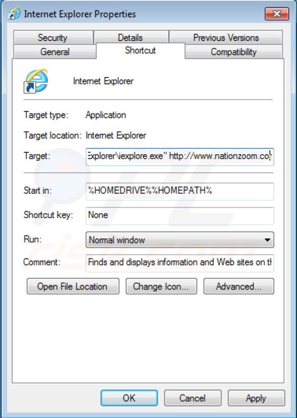 Removing Nationzoom.com from Internet Explorer shortcut target